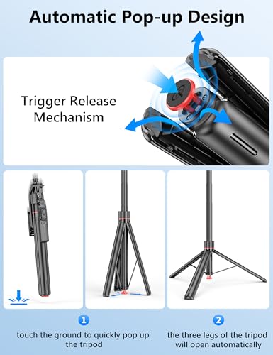 69'' Auto Face Tracking Selfie Stick Tripod Stand, Automatic Phone Tripod, Auto-Open Travel Tripods for iPhone/Cell Phone with Remote, Gesture Control, No App, Built-in AI Camera for Vlog Recording TK