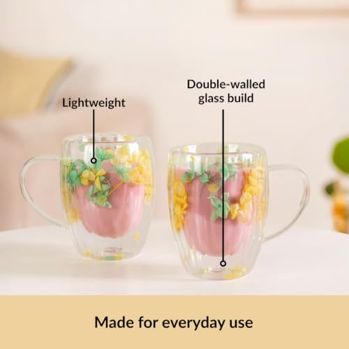 Image of Nestasia Double Wall Glass Mug with Dried Flowers Set of 2 (350ml Each) - Transparent Borosilicate Floral Glass Tea Cups | Lightweight & Durable Coffee Mugs - Perfect for Gifting (Yellow & Green)