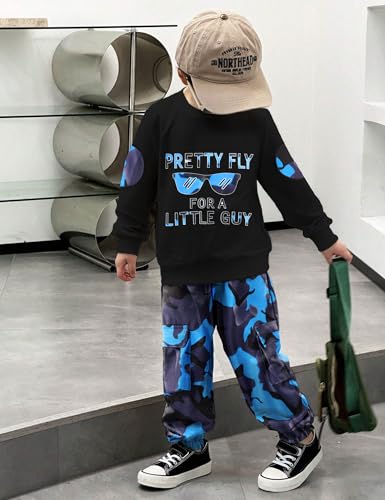 Image of Gaupafmb Toddler Boy Clothes Black Long Sleeve Letter Print Sweatshirts and Camouflage Pants Toddler Boy Fall Outfits