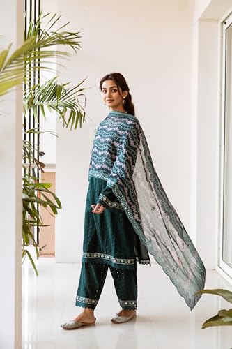 Image of ishin Embellished Yoke Cotton Schiffli Kurta Paired with Lace Hemlined Pants and Art Silk Dupatta