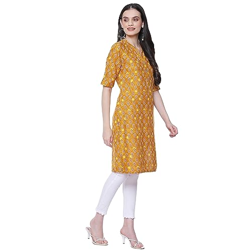 Image of Rangriti Mustard Liva Straight Printed Kurta for Women
