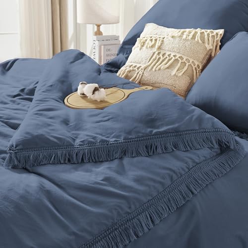 Image of Andency Full Size Comforter Set Bluish Grey -7 Pieces Boho Tassel Bed in a Bag Soft Lightweight Bedding Sets, Fringe All Season Bed Set with Comforter, Sheets, Pillowcases & Shams