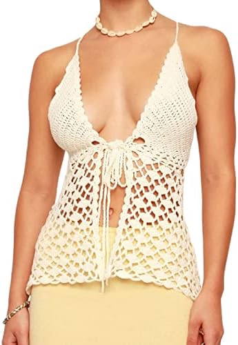KMBANGI Women Crochet Knit Crop Cami Top Knitted Backless Tie Tan...