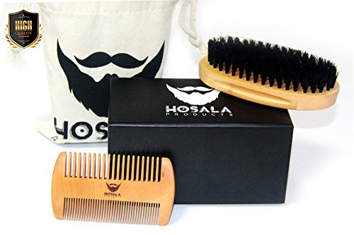 HOSALA - Beard Brush Comb Set for Men - Natural Boar Bristle - Best for Grooming Facial Hair - Dry/Wet Mustache - Gift Box & Cotton Bag for Home & Travel - Gift for Dad - Husband - Businessman