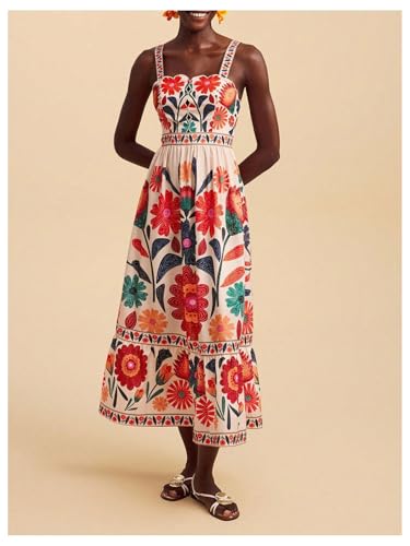 Image of RoseSeek Boho Floral Print Cami Spaghetti Strap Summer Vacation Dresses