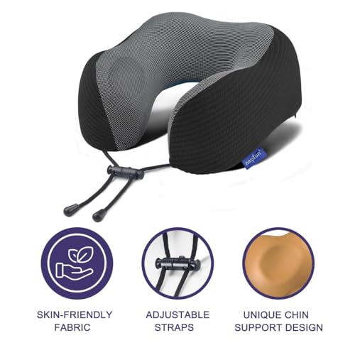 napfun Neck Pillow for Traveling, Upgraded Travel Neck Pillow for Airplane 100% Pure Memory Foam Travel Pillow for Flight Headrest Sleep, Portable Plane Accessories, Striped Black