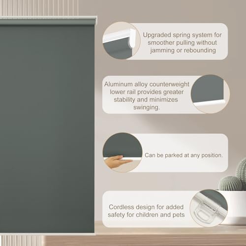 Image of Changshade Blackout Roller Shades for Indoor Windows,Cordless Roller Blinds,Free-Stop Roll Up Shades with Thermal Insulated, Uv Protection Fabric for Bedroom,Office,French Door,Gray,35 inch W72 H
