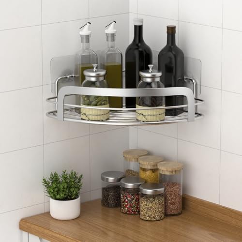 STEUGO 2 Pack Shower Caddy Corner, Bathroom Corner Shower Shelfs, Adhesive Wall Mounted Shower Caddy with 4 Movable Hooks, No Drilling Shower Shelf, Stainless Steel Silver.