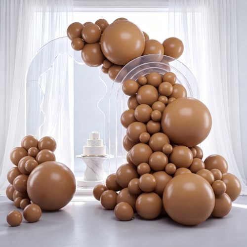 Image of RUBFAC Brown Balloons 129pcs Different Sizes Pack of 18 12 10 5 Inch, Latex Boho Neutral Coffee Tan Balloon Garland Arch Kit for Safari Baby Shower Decorations Jungle Fall Bear Themed Birthday Party