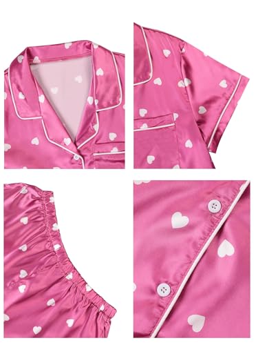 Image of Remidoo Womens Heart Print Satin Pajamas Button Down 2 Piece Sleepwear Set Pink X-Small