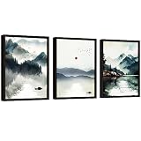 EXCOOL CLUB Chinese Landscape Wall Art - 12x16 Misty Forest Wall Art, Foggy Mountain Pictures Wall Decor, Scenery Posters Chinese Ink Painting, Mountains Lake Nature Photo for Bedroom (UNFRAMED)