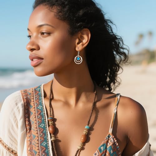 LANCHARMED Handmade Sterling Silver Turquoise Circle Dangle Earrings for Women - Hypoallergenic Bohemian Summer Jewelry Gift - Image 2