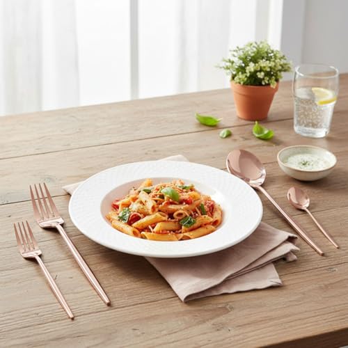 Image of Slim Handle Rose Gold 5 Pcs Stainless Steel Cutlery Set for Dining Table, Dishwasher Safe Glossy Flatware (1 Spoon Set+1 Forks Set+1 Butter Knife+1 Dessert Spoon+ 1 Fruit Fork)