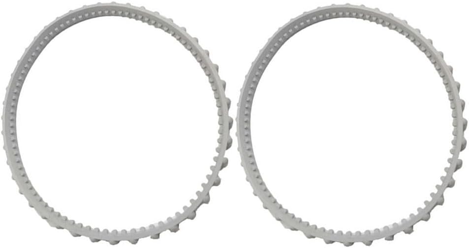 Two light gray DAZZLEEX RCX23002 pool cleaner drive belts laid flat, showing their circular shape, ready for installation.