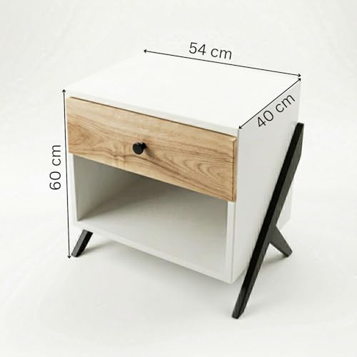 Image of FFO Modern Bedside Table with Drawer & Open Storage | Wooden Finish Nightstand | Side Table for Bedroom | Engineered Wood with Metal Legs | 60x40x54 cm | Oak & White