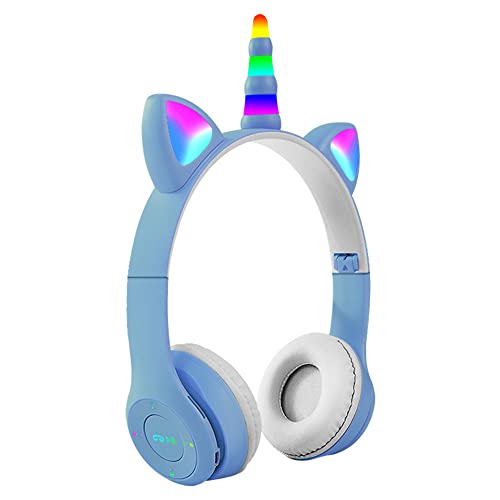 Casque Bluetooth sans Fil avec Oreilles de Chat Licorne Casque de Jeu pour Enfants pour Adultes Pliable Casque stéréo RGB Lumineux pour Filles, garçons, Enfants et Adulte (Bleu Clair) Cover