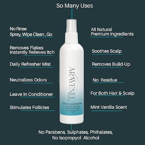 ARAVENEL Quick Clean No Rinse Shampoo Rice Water & Peppermint Braid & Loc Hair Mist, No Rinse Shampoo & Refresher. All-Natural, Wipes Away Build-Up, Odor, Itch, Helps Growth, Multi-Use- 4oz