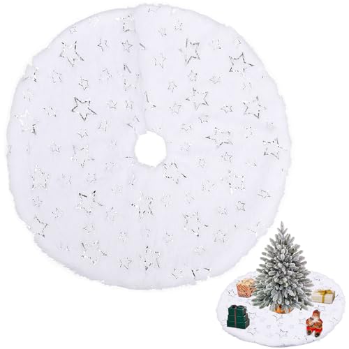 Mini Falda de Arbol de Navidad, Falda para Arbol de Navidad Blanca, Alfombra para Arbol de Navidad, 15 Pulgadas/38 cm, Decoración Navideña para Arbol (Plata-Estrellas)