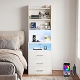 Bedside Table with Charging Station&LED Lights, Tall Nightstand with Bookshelf,LED Bedside Cabinet with 3 Drawers&Storage Shelves&Hooks,Bed Side Table For Bedroom,Sofa Table For Living Room (White)