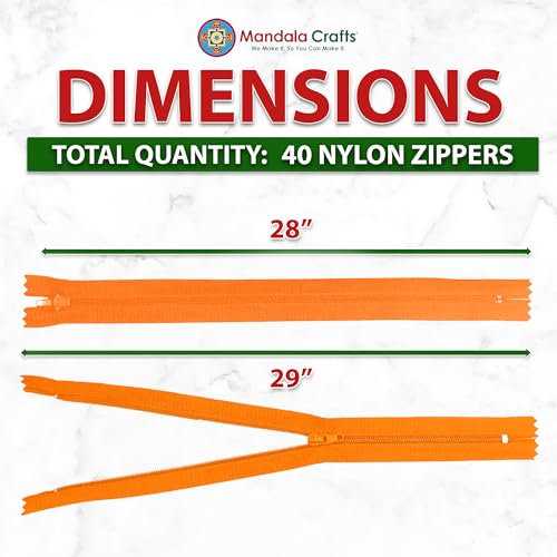 Image of Mandala Crafts 40 PCs Orange Closed-End 28 Inches Nylon Zippers for Sewing