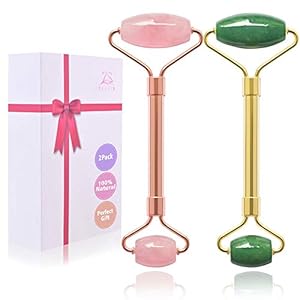 ZS ZESHIN （2 Pack） Jade Facial Roller & Rose Quartz Face Roller for Wrinkles Anti-Aging and Eye Puffiness, Natural Stone Face Massager Roller for Keeping Youthful Skin Tone and Skin Care Routine