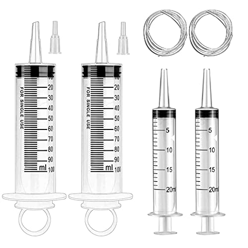 2 Jeux Seringue 100ml 20ml avec Tuyau en PVC de 1 m Seringue en Réutilisable Plastique Seringue a Huile Pour L'Alimentation des Animaux,L'Arrosage des Plantes