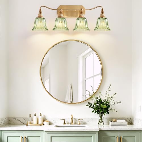 Image of LmnLvn Vintage Gold Bathroom Vanity Light, 4-Light Green Crystal Glass Shade