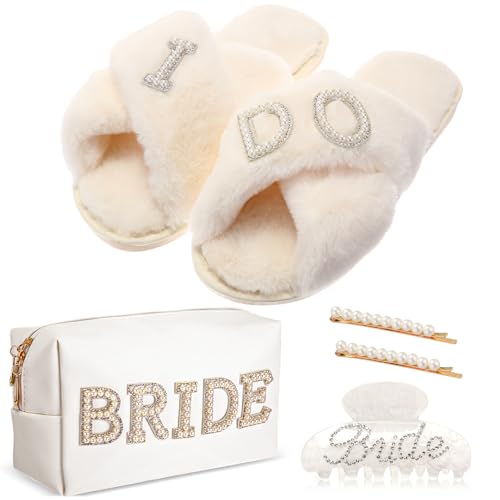 5 Pcs Bridal Gift Set Bride Makeup Bag I Do Bride Slippers Claw Hair Clip and Hairpins Accessories Wedding Engagement Gift Shower for Bridal Engagement Bachelorette Party