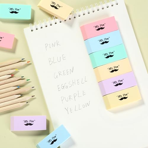 Image of Mr. Pen- Pencil Eraser, 12 Pack, Pastel Colors | Large Latex Free Block Erasers for School, Office, Art Sketching, Homework, Exams, Clean Smudge-Free Correction