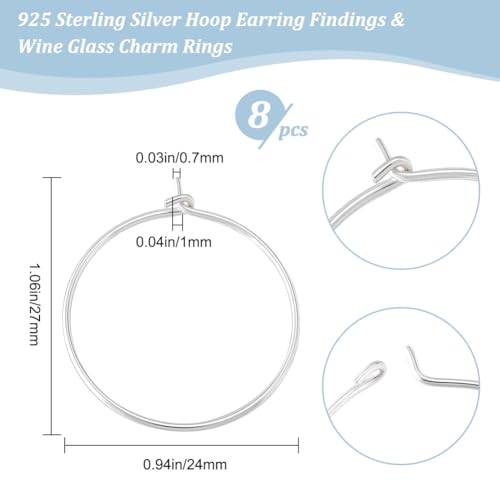 Beebeecraft 1 Box 8Pcs Beading Earring Hoops 925 Sterling Silver 24x27mm/0.94x1in Open Oval Round Wine Glass Charm Rings Earring Findings Supplies for Jewelry Making DIY Craft Kit - Image 2