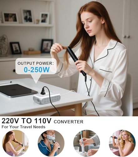 Image of 220V to 110V Voltage Converter US to Europe for Curling Iron and Hair Straighteners, Power Converter for European Travel Plug Adapter with 2 USB A & 2 USB C Ports (White)