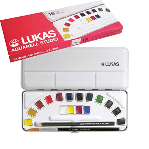 LUKAS Studio Aquarell Set, 16 x Half Pans in Assorted Colours, With Brush & Pencil
