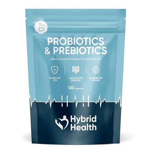 Hybrid Health Probiotics + Prebiotics Supplement - 100 Billion CFU Probiotics, 120 Vegan Capsules, 20 Probiotic Live Culture Strains, Probiotics for Women & Men
