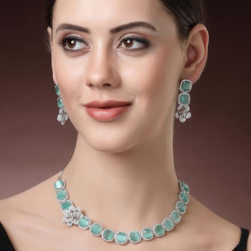 Image of ZENEME Jewellery Set Classic Style Rhodium Plated AD /American Diamond Studded Silver Plated Bejeweled Rose Necklace Jewellery Set for Women & Girls
