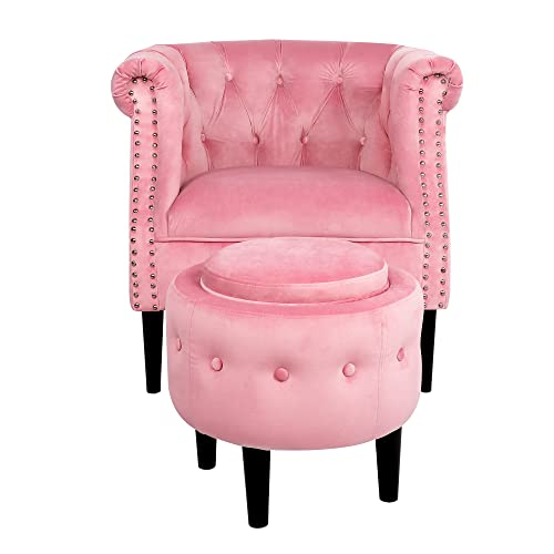 Single Sofa Chair, Modern Velvet Single Sofa Chair With Storage Ottoman, Modern Accent Upholstered Arm Chair Tufted Lounge Chair For Home, Bedroom, Office (Pink) #TOP5