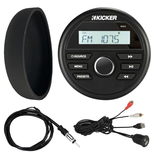 Kicker 46KMC2 Marine Bluetooth All-Weather AM/FM USB/AUX Gauge Style Media Center Receiver W/Black Cover, Bundle Combo with USB/AUX 3.5MM Interface Adapter, Black Flexible Hideaway 22