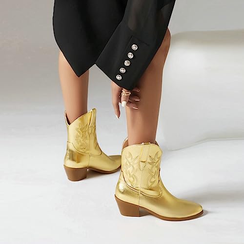 KISSASA Metallic Cowboy Boots Shiny Short Cowgirl Boots Embroidered Western Stacked Chunky Heel Ankle Boots3