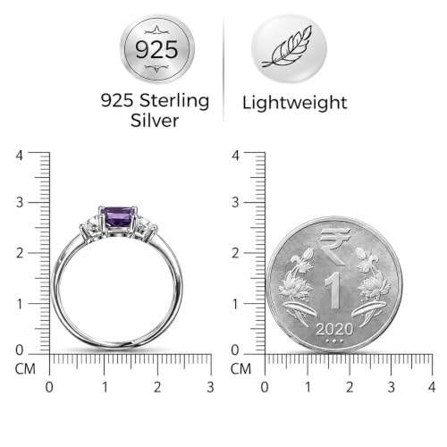 Image of KYAT 925 Sterling Silver Adjustable Ring for Women | Square Princess Cut Purple Amethyst Zircon Stone | Baguette CZ Side Stones | Valentine Gift, Birthday Gift for Girls | Free Size Ring