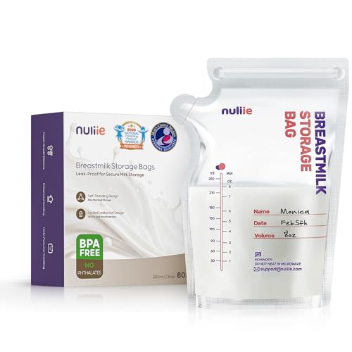 Image of Nuliie 80 Pcs Breastmilk Storage Bags, 8 OZ Breast Milk Storing Bags, BPA Free, Milk Storage Bags with Pour Spout for Breastfeeding, Self-Standing Bag, Space Saving Flat Profile