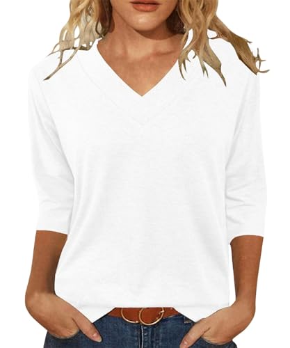 Minetom T Shirt Damen 3/4 Arm V-Ausschnitt T-Shirt Sommer Oberteil Pullover Herbst Basic Shirts A Weiß M