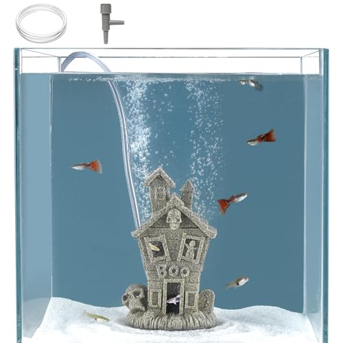 Carefree Fish Aquarium Haunted House Halloween Ghost Bubbler Decor Fish Hide-Out Ornament with 3Ft Tubing and Tiny Air StoneNo Included Air Pump