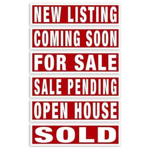 Real Estate Rider Signs Bundle – 6 Pack with FOR SALE, OPEN HOUSE, SOLD, COMING SOON, SALE PENDING, NEW LISTING signs – Double-Sided, Weatherproof, Made In USA, Easy Install Cover