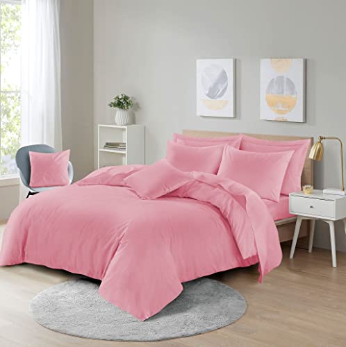 Anti-Allergy Anti-Bacterial Brushed Soft Touch Easy Care Bedding Quilt Cover Set Poly-cotton Plain Dyed Duvet Cover -With Pillow Cases Bedding Bed Linen Set (Pink- Double)