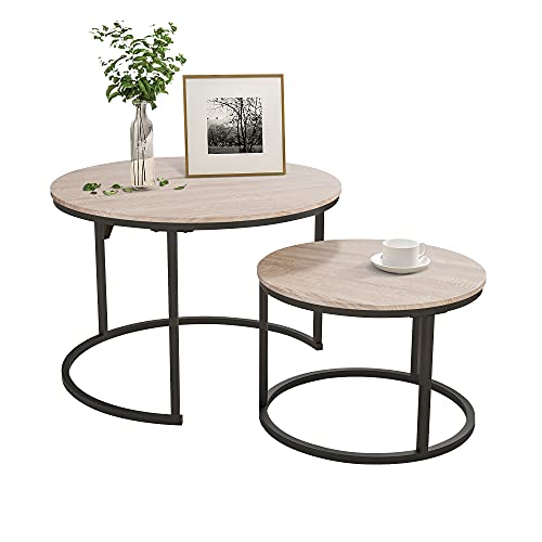 Image of HOJINLINERO Round Coffee Table,Nesting Coffee Table Set of 2,Center Tables for Living Room,Office, Home Small Space,Stacking Side Tables,Sturdy and Easy Assembly,Wood Desktop,Black+Teak OAKDK,Large