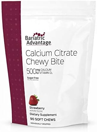 Bariatric Advantage Calcium Citrate Chewy Bites 500mg with Vitamin D3 for Bariatric Surgery Patients Including Gastric Bypass and Sleeve Gastrectomy, Sugar Free - Strawberry Flavor, 90 Count