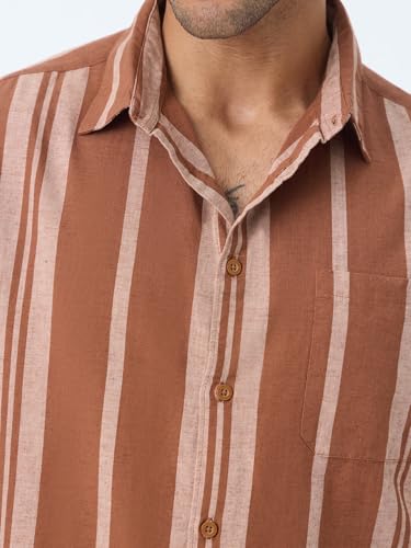 Image of The Souled Store Cotton Linen Stripes: Latte Men and Boys Long Sleeve Spread Collar Brown Striped Casual Easy to Style Everday Office Wear Cotton Linen Shirt