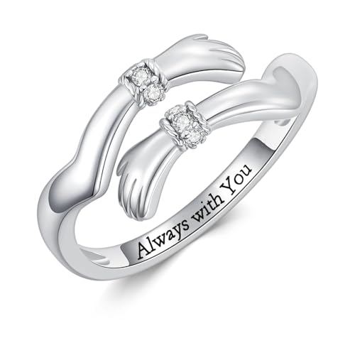 Diamond Hug Rings for Women 925 Sterling Silver/Solid Gold Adjustable Hugging Hands Open Rings Mothers Day Gifts Friendship Rings