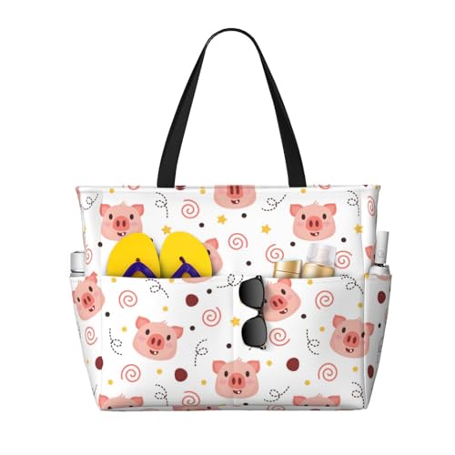Piggy Large Beach Bag for Women Travel Tote Bags with Zipper and Pocket for Pool Gym Camping
