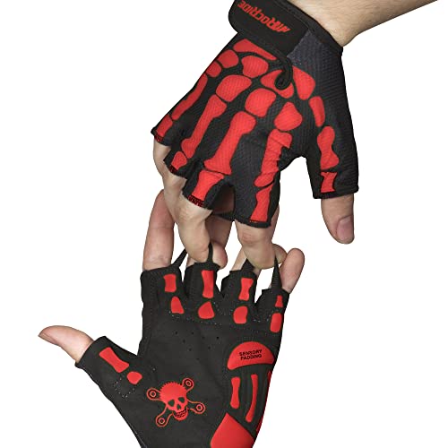 RocRide Skeleton Cycling Gloves Gel Padded Half Finger Road Mountain BMX Unisex Men Women and Youth Sizes Black with White Blue Red Pink or Green Print - Thumbnail 5