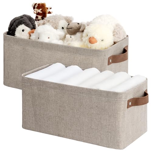 StorageWorks schmaler Aufbewahrungskorb Stoff, Kleiderschränke Aufbewahrungskorb Badezimmer, lange Aufbewahrungsboxen mit Griffen, Wickeltisch Organizer, Ordnungsboxen für Regal, braun-beige, 2 Stück